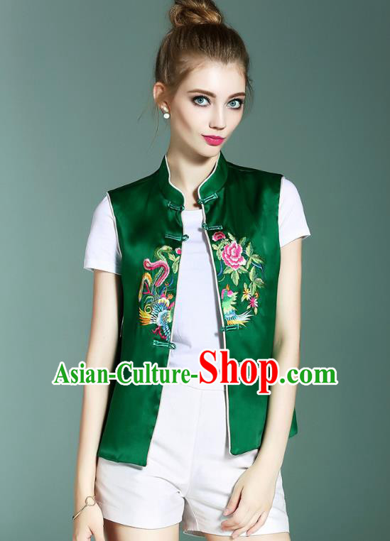 Asian Chinese Oriental Costumes Classical Palace Embroidery Green Vest, Traditional China National Chirpaur Tang Suit Plated Buttons Waistcoat for Women