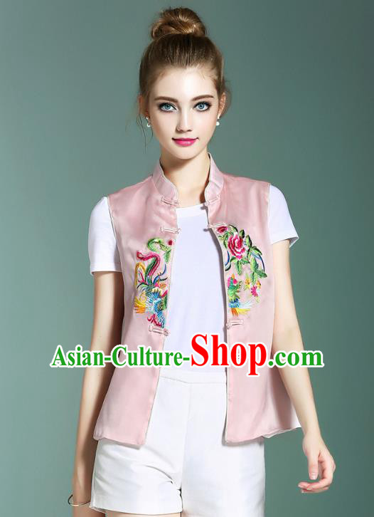 Asian Chinese Oriental Costumes Classical Palace Embroidery Pink Vest, Traditional China National Chirpaur Tang Suit Plated Buttons Waistcoat for Women