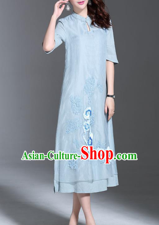Asian Chinese Oriental Costumes Classical Palace Embroidery Blue Cheongsam, Traditional China National Chirpaur Tang Suit Plated Buttons Qipao for Women