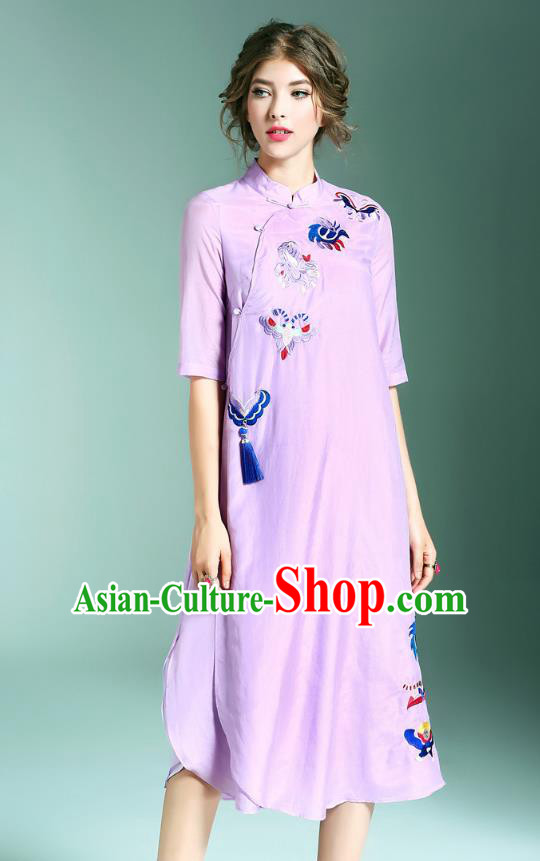 Asian Chinese Oriental Costumes Classical Palace Embroidery Purple Cheongsam, Traditional China National Chirpaur Tang Suit Plated Buttons Qipao for Women