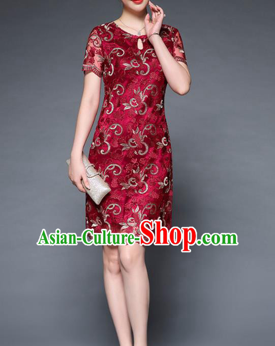Asian Chinese Oriental Costumes Classical Embroidery Red Lace Dress, Traditional China National Chirpaur Tang Suit Dresses for Women