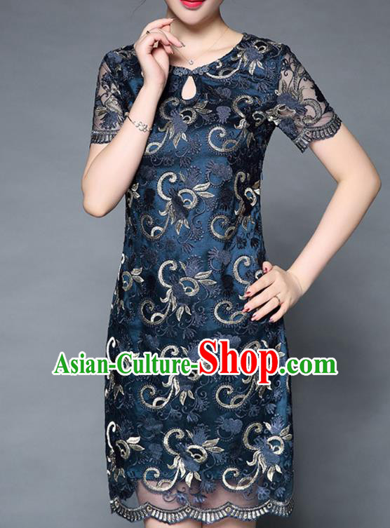Asian Chinese Oriental Costumes Classical Embroidery Blue Lace Dress, Traditional China National Chirpaur Tang Suit Dresses for Women