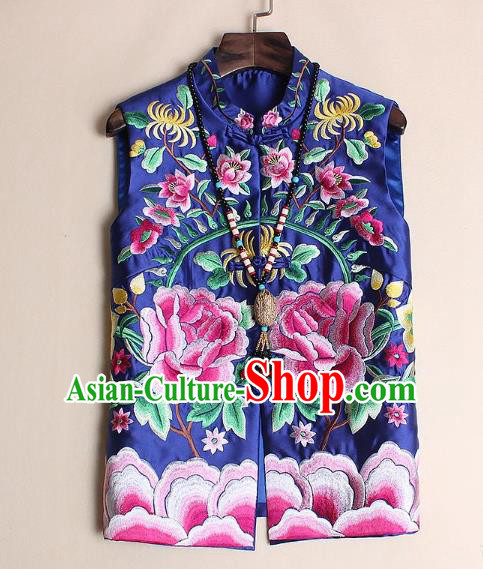 Asian Chinese Oriental Costumes Classical Palace Embroidery Peony Navy Vest, Traditional China National Chirpaur Tang Suit Plated Buttons Waistcoat for Women