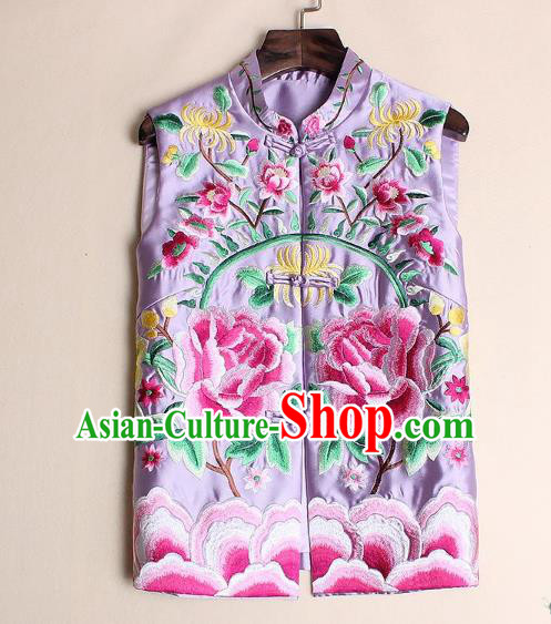 Asian Chinese Oriental Costumes Classical Palace Embroidery Peony Pink Vest, Traditional China National Chirpaur Tang Suit Plated Buttons Waistcoat for Women