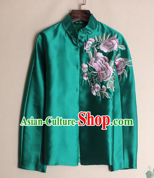 Asian Chinese Oriental Costumes Classical Embroidery Peony Green Shirts, Traditional China National Chirpaur Tang Suit Upper Outer Garment Jacket for Women