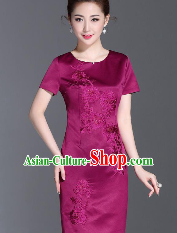 Asian Chinese Oriental Costumes Classical Embroidery Purple Silk Dresses, Traditional China National Chirpaur Tang Suit Qipao for Women