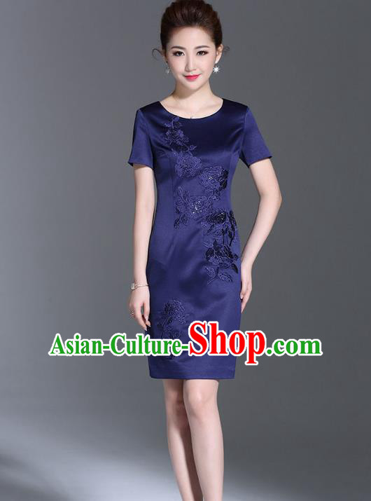 Asian Chinese Oriental Costumes Classical Embroidery Royalblue Silk Dresses, Traditional China National Chirpaur Tang Suit Qipao for Women