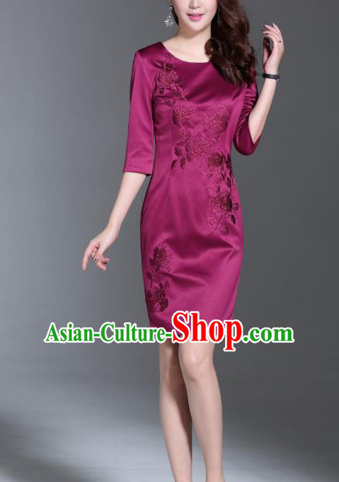 Asian Chinese Oriental Costumes Classical Embroidery Purple Middle Sleeve Dresses, Traditional China National Chirpaur Tang Suit Qipao for Women
