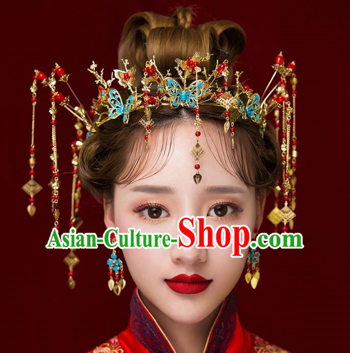 Aisan Chinese Handmade Classical Hair Accessories Phoenix Coronet Complete Set, China Xiuhe Suit Blueing Butterfly Hairpins Wedding Headwear for Women