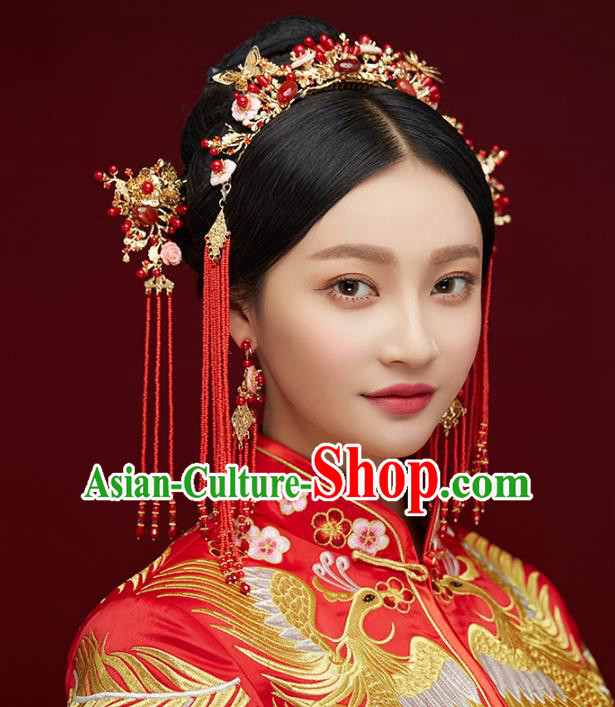 Aisan Chinese Handmade Classical Hair Accessories Complete Set, China Xiuhe Suit Hairpins Red Tassel Wedding Headwear for Women