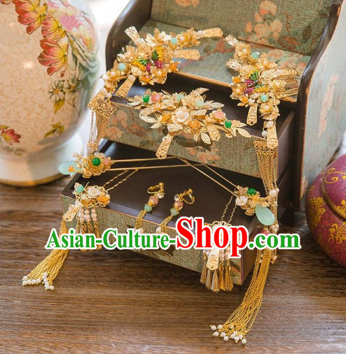 Aisan Chinese Handmade Classical Hair Accessories Jade Hair Comb Complete Set, China Xiuhe Suit Tassel Step Shake Hairpins Wedding Headwear for Women