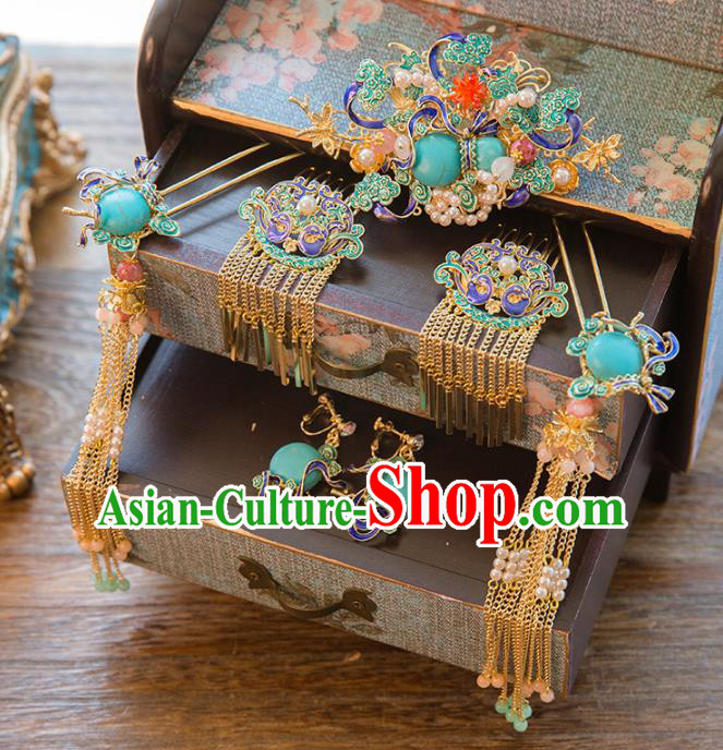 Aisan Chinese Handmade Classical Hair Accessories Cloisonne Hair Comb Complete Set, China Xiuhe Suit Tassel Step Shake Hairpins Wedding Headwear for Women