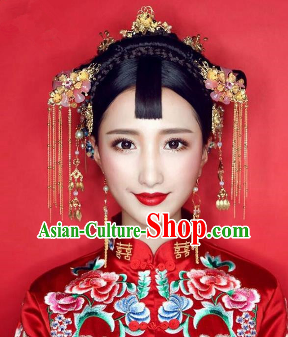 Aisan Chinese Handmade Classical Bride Hair Accessories Complete Set, China Xiuhe Suit Pink Flowers Hairpins Wedding Headwear for Women
