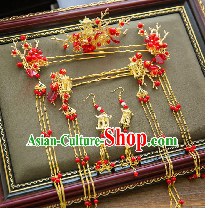 Aisan Chinese Handmade Classical Bride Hair Accessories Phoenix Coronet Complete Set, China Xiuhe Suit Red Beads Tassel Hairpins Wedding Headwear for Women