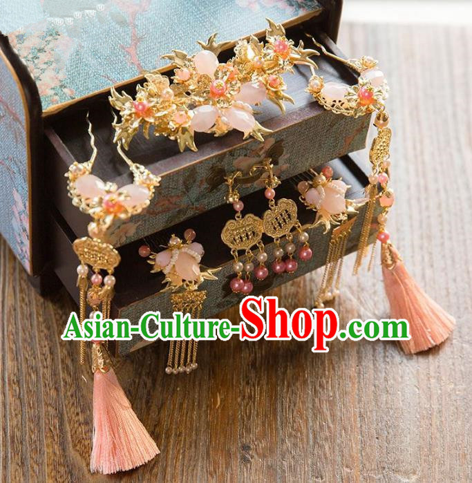 Aisan Chinese Handmade Classical Hair Accessories Pink Tassel Phoenix Coronet Complete Set, China Xiuhe Suit Hairpins Wedding Headwear for Women
