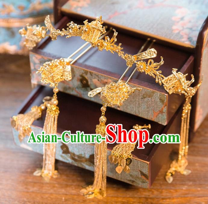 Aisan Chinese Handmade Classical Hair Accessories Golden Phoenix Coronet, China Xiuhe Suit Hair Stick Hairpins Wedding Headwear for Women