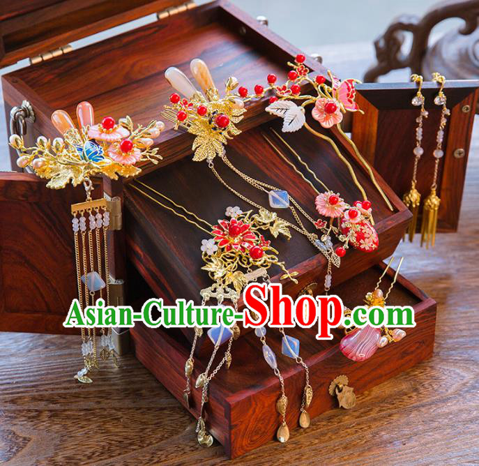 Aisan Chinese Handmade Classical Hair Accessories Pink Pearls Phoenix Coronet Complete Set, China Xiuhe Suit Hairpins Wedding Headwear for Women