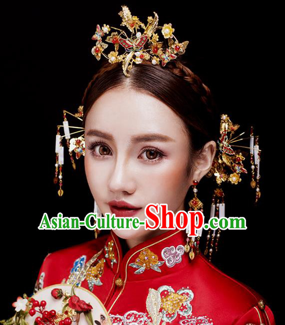 Aisan Chinese Handmade Classical Hair Accessories Red Butterfly Phoenix Coronet Complete Set, China Xiuhe Suit Hairpins Wedding Headwear for Women
