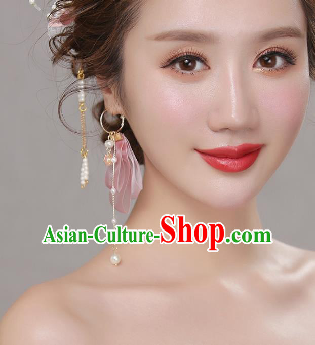Top Grade Handmade Classical Hair Accessories Pink Silk Earrings, Chinese Princess Tassel Eardrop for Women