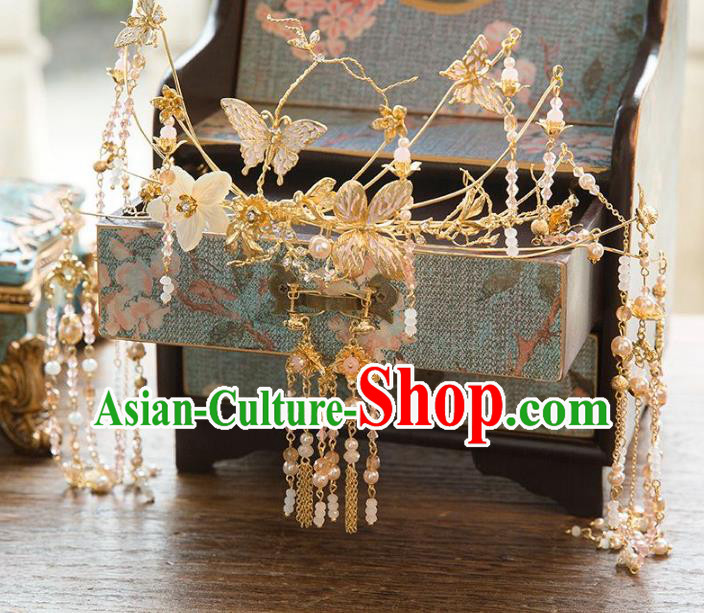 Aisan Chinese Handmade Classical Hair Accessories Tassel Butterfly Phoenix Coronet, China Xiuhe Suit Hairpins Wedding Headwear for Women
