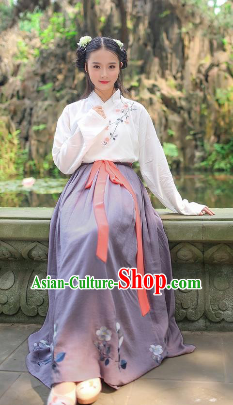 Asian Chinese Oriental Hanfu Costumes Han Dynasty Embroidered Blouse and Grey Slip Skirts, Traditional China Ancient Princess Embroidery Clothing for Women