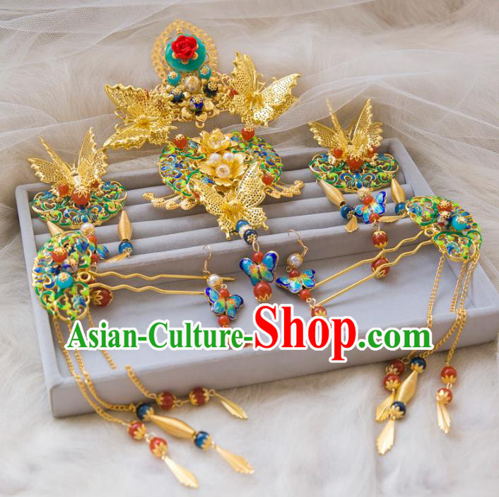 Chinese Handmade Classical Hair Accessories Cloisonne Butterfly Hair Clasp Complete Set, China Xiuhe Suit Hairpins Wedding Headwear for Women