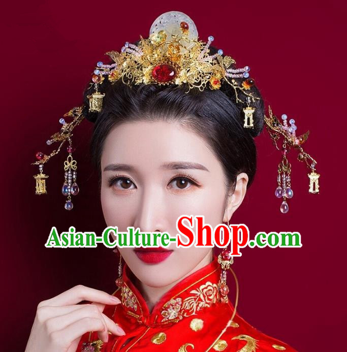 Chinese Handmade Classical Hair Accessories Complete Set Jade Phoenix Coronet, China Xiuhe Suit Hairpins Wedding Headwear for Women