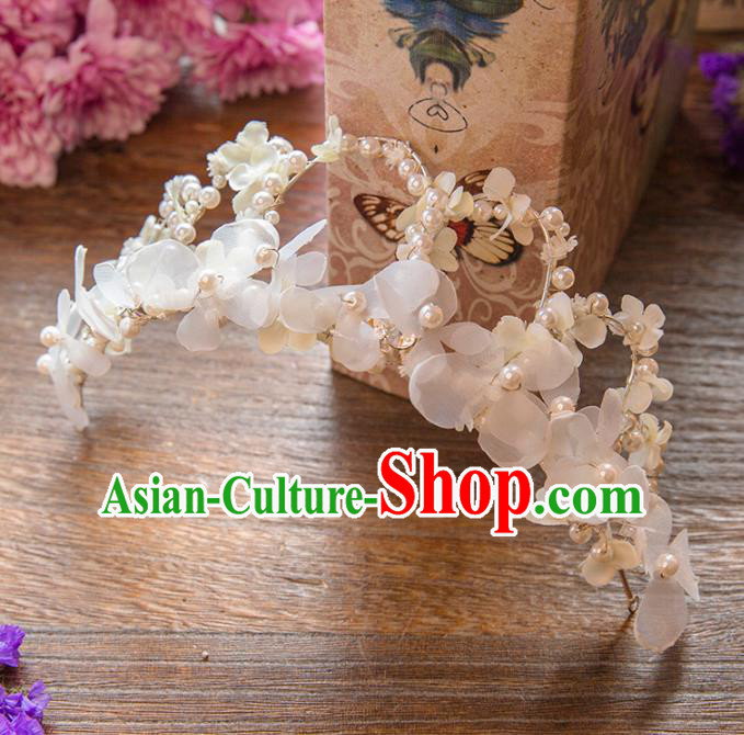 Top Grade Handmade Classical Hair Accessories White Flowers Royal Crown, Baroque Style Princess Pearls Headwear for Women