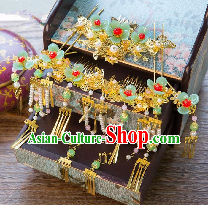 Aisan Chinese Handmade Classical Hair Accessories Green Flowers Phoenix Coronet Complete Set, China Xiuhe Suit Hairpins Wedding Headwear for Women