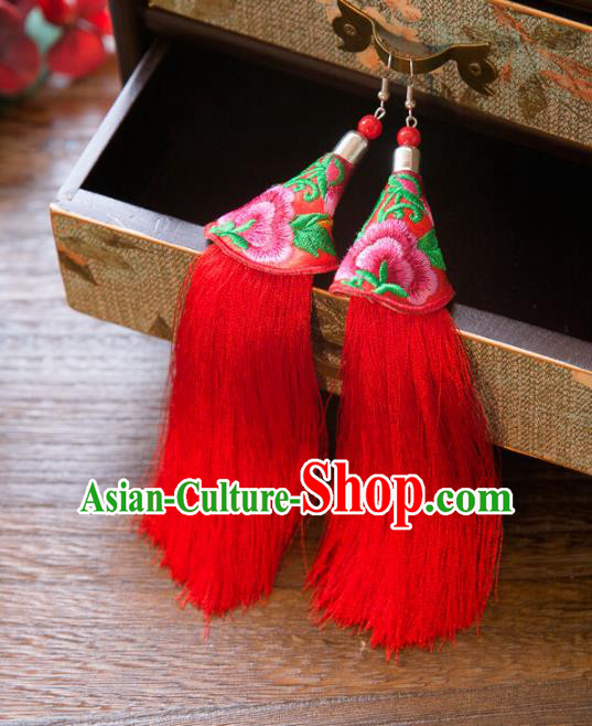 Top Grade Handmade Classical Hair Accessories Chinese Hanfu Red Tassel Earrings, China Ancient Princess Embroidery Eardrop for Women