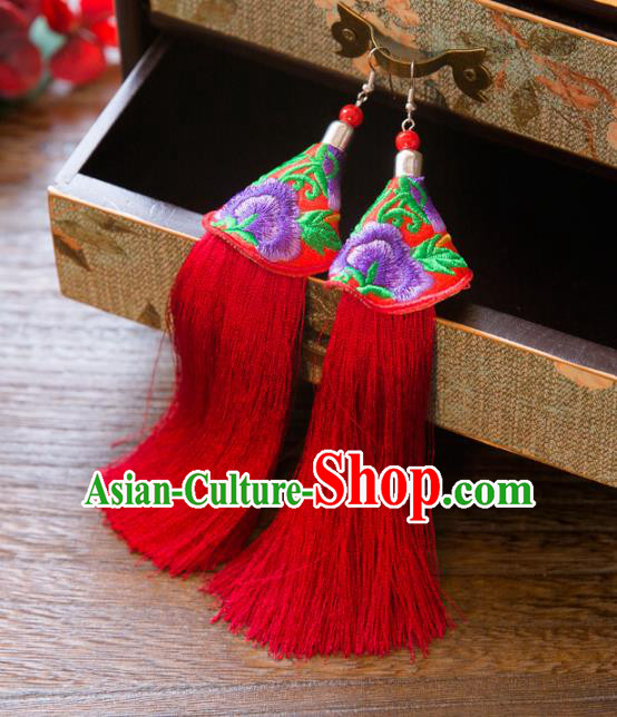 Top Grade Handmade Classical Hair Accessories Chinese Hanfu Red Tassel Earrings, China Ancient Princess Purple Embroidery Eardrop for Women