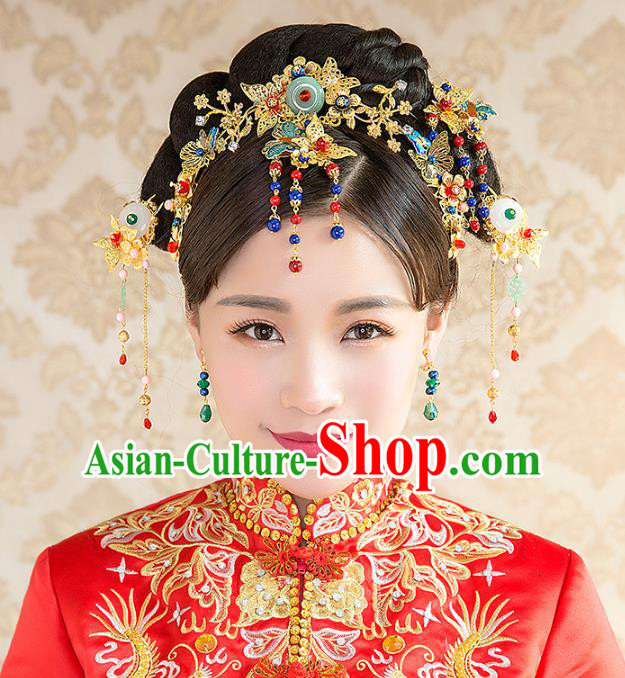 Aisan Chinese Handmade Classical Hair Accessories Bride Phoenix Coronet Complete Set, China Xiuhe Suit Hairpins Wedding Headwear for Women