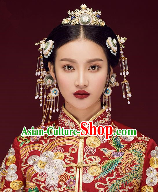 Chinese Handmade Classical Ancient Costume Hair Accessories Hanfu Green Jade Phoenix Coronet, China Bride Xiuhe Suit Hairpins Headwear Complete Set for Women