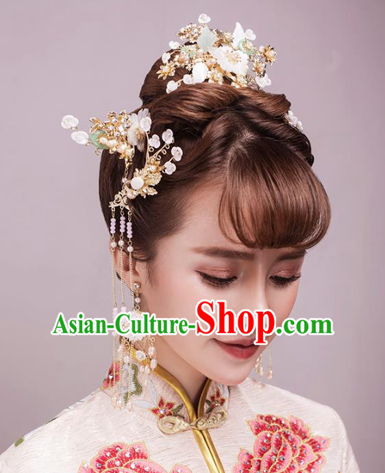 Aisan Chinese Handmade Classical Hair Accessories Hanfu Shell Flowers Hair Clasp Complete Set, China Xiuhe Suit Hairpins Wedding Headwear for Women