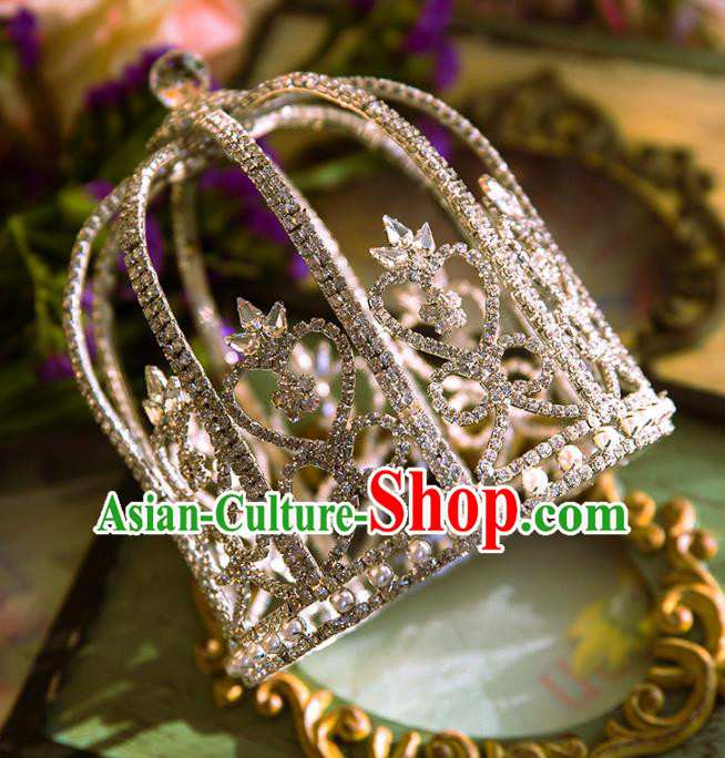 Top Grade Handmade Classical Hair Accessories Baroque Style Princess Crystal Royal Crown Golden Round Diadema Headwear for Women