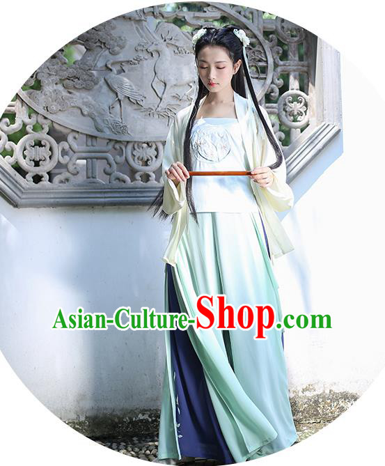 Traditional Asian Chinese Hanfu Swordswoman Costumes Song Dynasty Young Lady Embroidered Yellow Blouse and Green Pants Complete Set