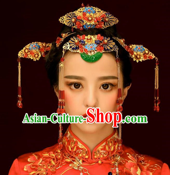 Chinese Handmade Classical Ancient Costume Jade Hair Accessories Complete Set, China Bride Xiuhe Suit Hairpins Blueing Phoenix Coronet Headwear for Women