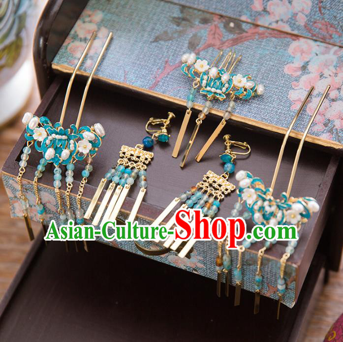 Chinese Handmade Classical Hair Accessories Blue Hair Comb Complete Set, China Xiuhe Suit Hairpins Wedding Headwear for Women