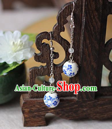 Chinese Handmade Classical Accessories Hanfu Blue and White Porcelain Tassel Earrings, China Xiuhe Suit Wedding Eardrop for Women