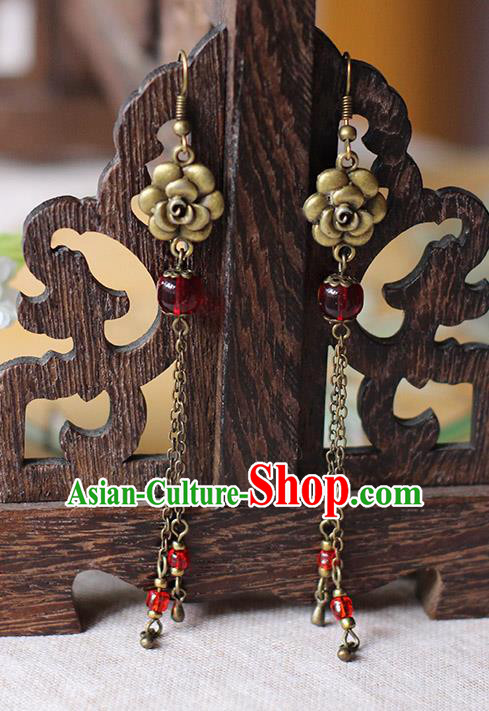 Chinese Handmade Classical Accessories Hanfu Earrings, China Xiuhe Suit Wedding Red Beads Rose Tassel Eardrop for Women
