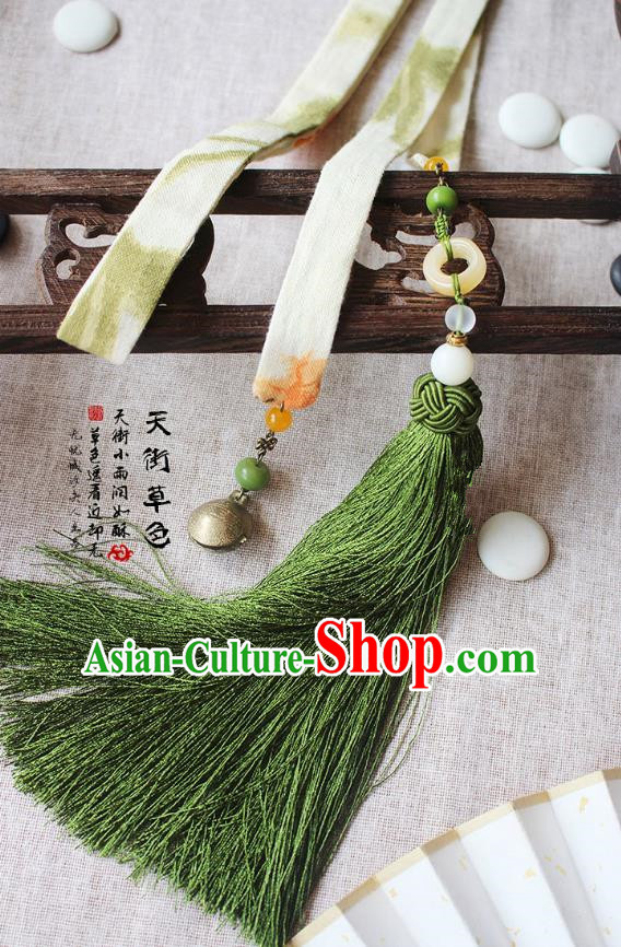 Chinese Handmade Classical Accessories Hanfu Silk Belt, China Ancient Hanfu Green Tassel Bells Waistband for Women for Men
