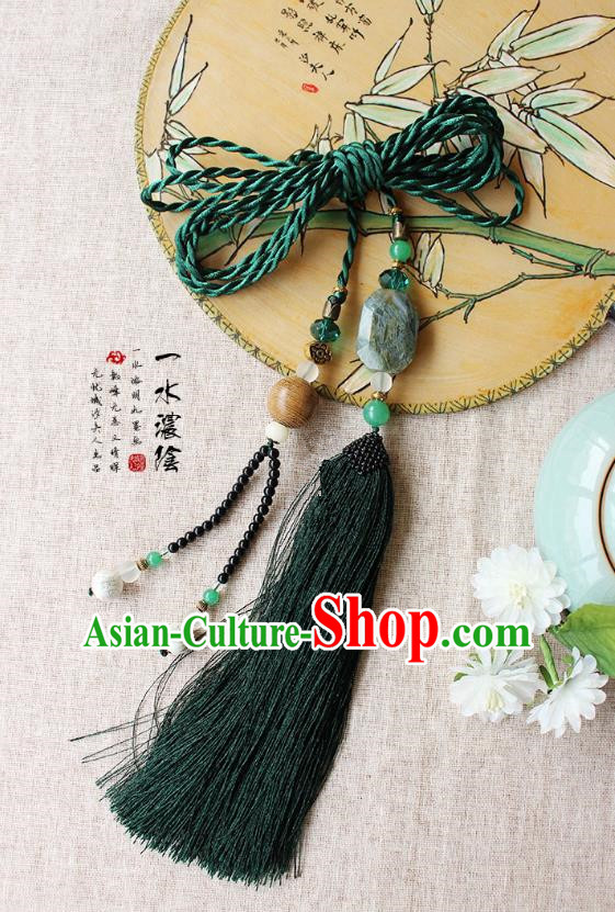 Chinese Handmade Classical Accessories Hanfu Green Agate Tassel Belt, China Ancient Hanfu Bells Tassel Waistband for Women for Men