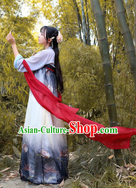 Traditional Chinese Hanfu Costumes Ancient Tang Dynasty Princess Grey Chiffon Blouse and Printing Slip Skirts Complete Set