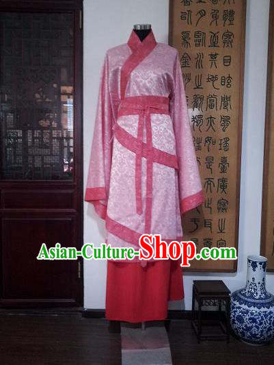 Traditional Oriental China Han Dynasty Wedding Costume Palace Lady Pink Embroidered Hanfu Curve Bottom Clothing for Women