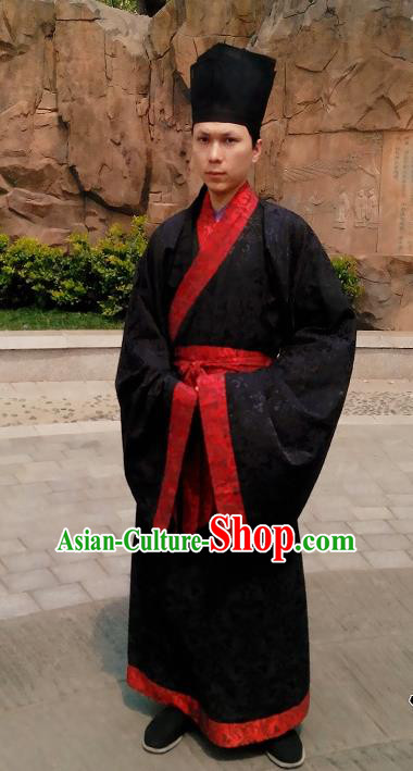 Traditional Asian Chinese Hanfu Scholar Costumes Black Embroidered Robe, China Han Dynasty Officer Embroidered Elegant Clothing for Men