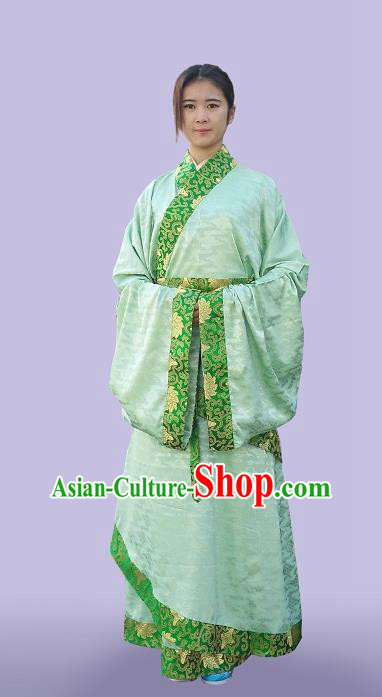 Traditional Asian Oriental China Costume Embroidery Palace Lady Green Curve Bottom, Chinese Hanfu Han Dynasty Princess Embroidered Clothing for Women