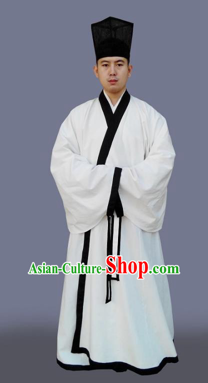 Traditional Chinese Hanfu Scholar Costumes White Embroidered Robe, China Han Dynasty Officer Elegant Clothing for Men