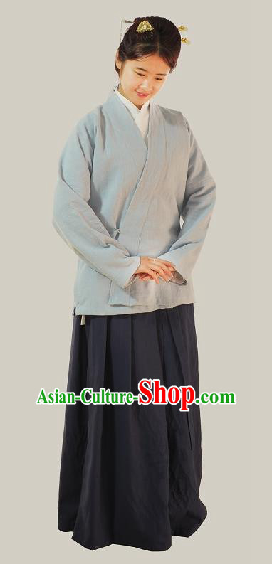 Traditional Chinese Ming Dynasty Young Lady Costumes Grey Linen Slant Opening Blouse for Women