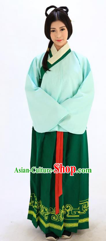 Traditional Chinese Ming Dynasty Young Lady Costumes Ancient Princess Green Embroidered Blouse and Skirt Complete Set for Women