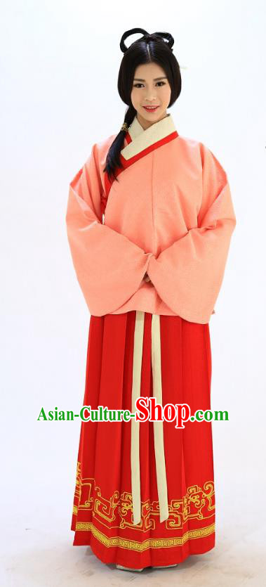 Traditional Chinese Ming Dynasty Young Lady Costumes Ancient Princess Embroidered Pink Blouse and Red Skirt Complete Set for Women